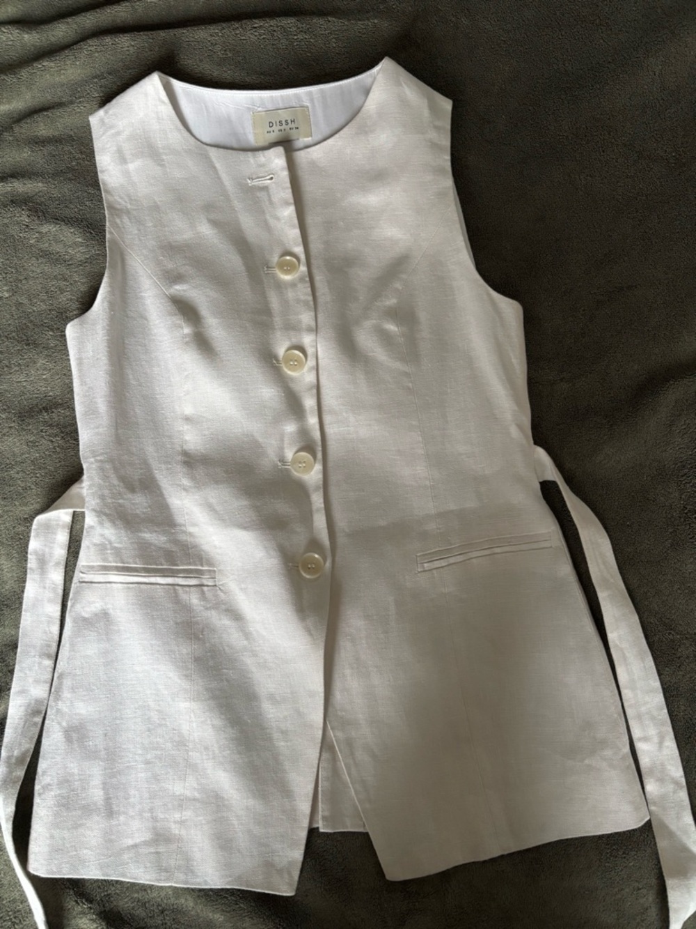 DISSH Alessia White Linen Vest Button Down Top with Belt - Picture 9 of 11